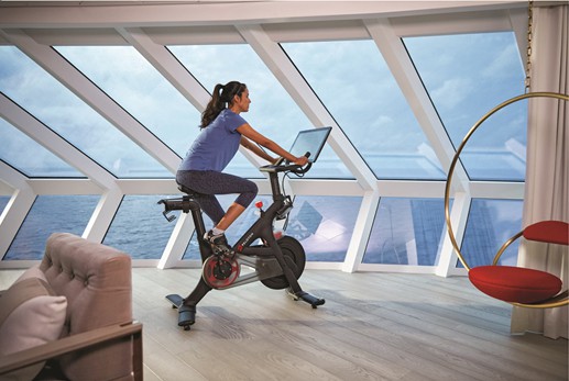 peloton bike on cruise ship overlooking ocean