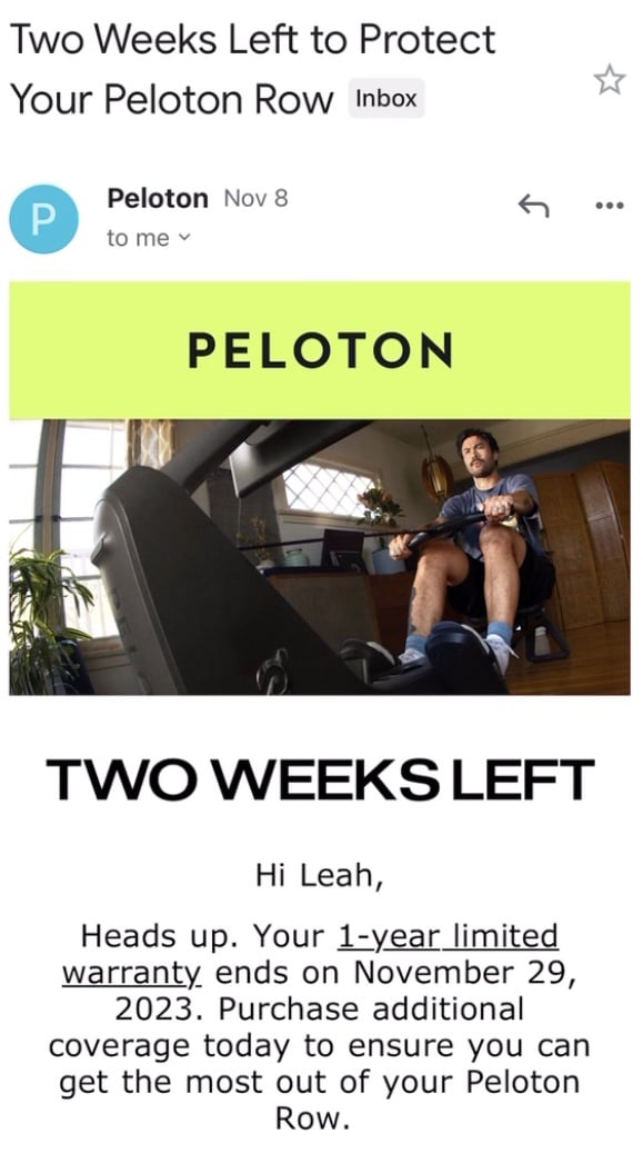 email from peloton about row warranty