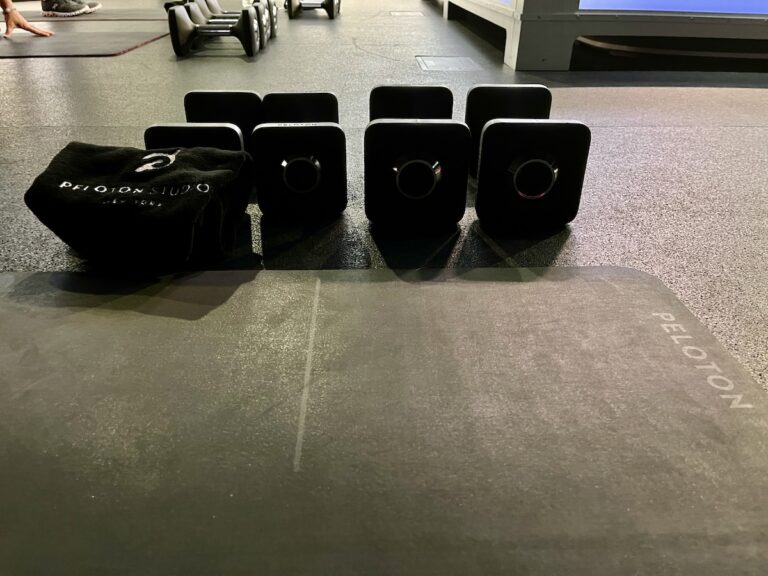 Weights and mat at Peloton Studios New York.
