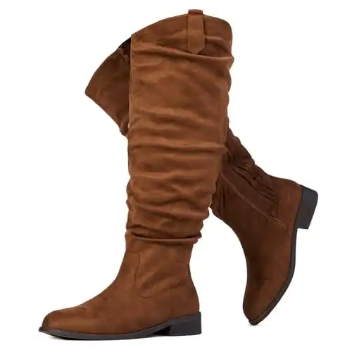 Women's Wide Calf Wide Width Western Knee High Low Heel Brown Suede Boots